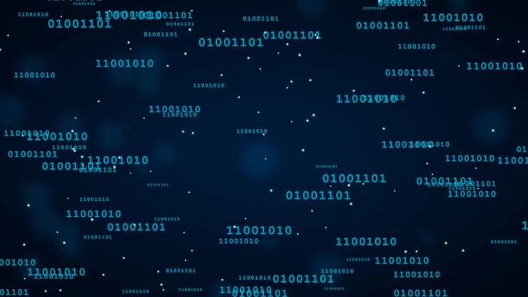 Digital Binary Code Streaming on Dark Blue Background