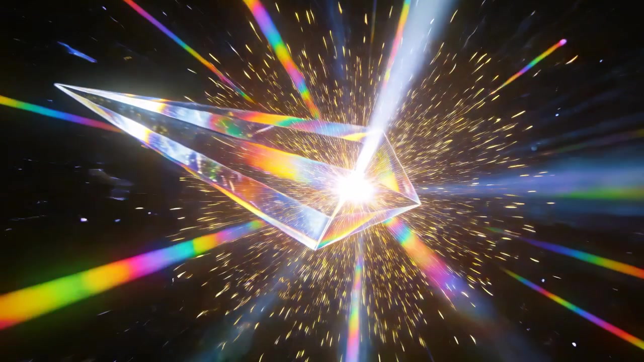 Raggio che colpisce un prisma tagliato nello spazio, emettendo raggi arcobaleno, spruzzando glitter, formando un'esplosione a stella.
