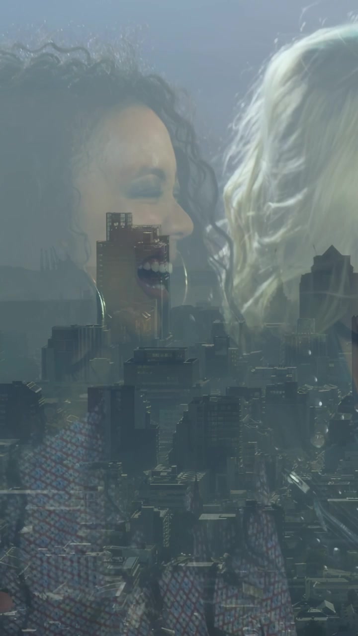 Vertical video: Two women sharing while green bottle being handed, skyline overlaying for marketing