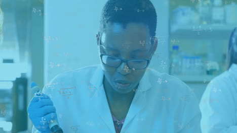 animation of mathematical formula over diverse scientists working in lab