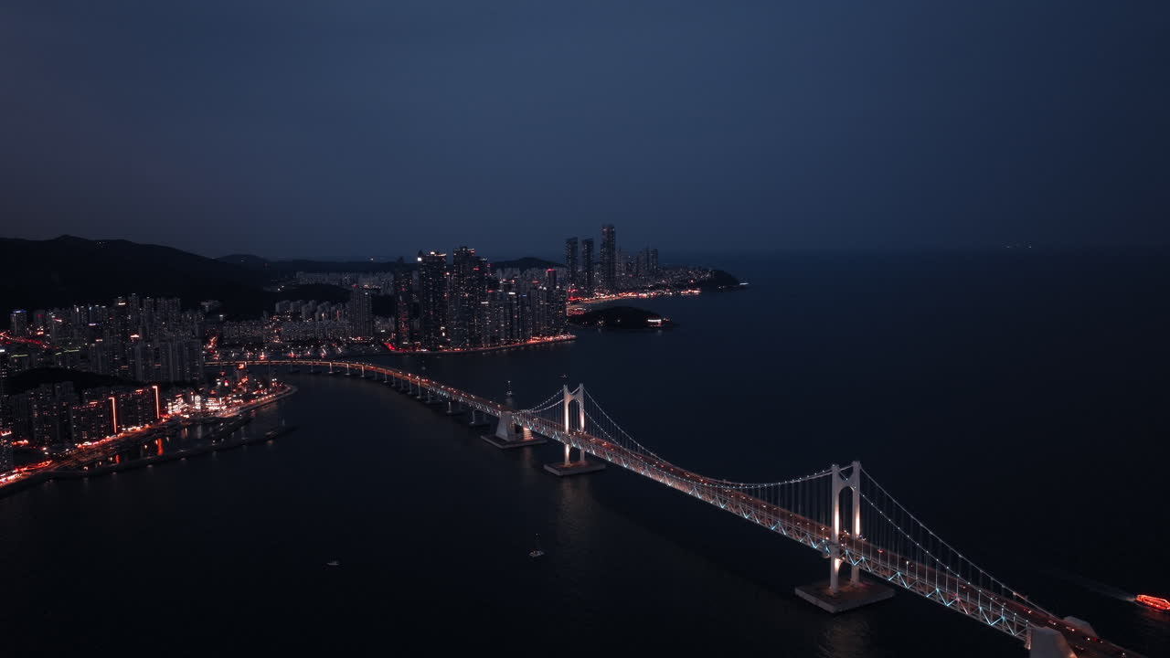 Paesaggio cittadino notturno con ponte illuminato