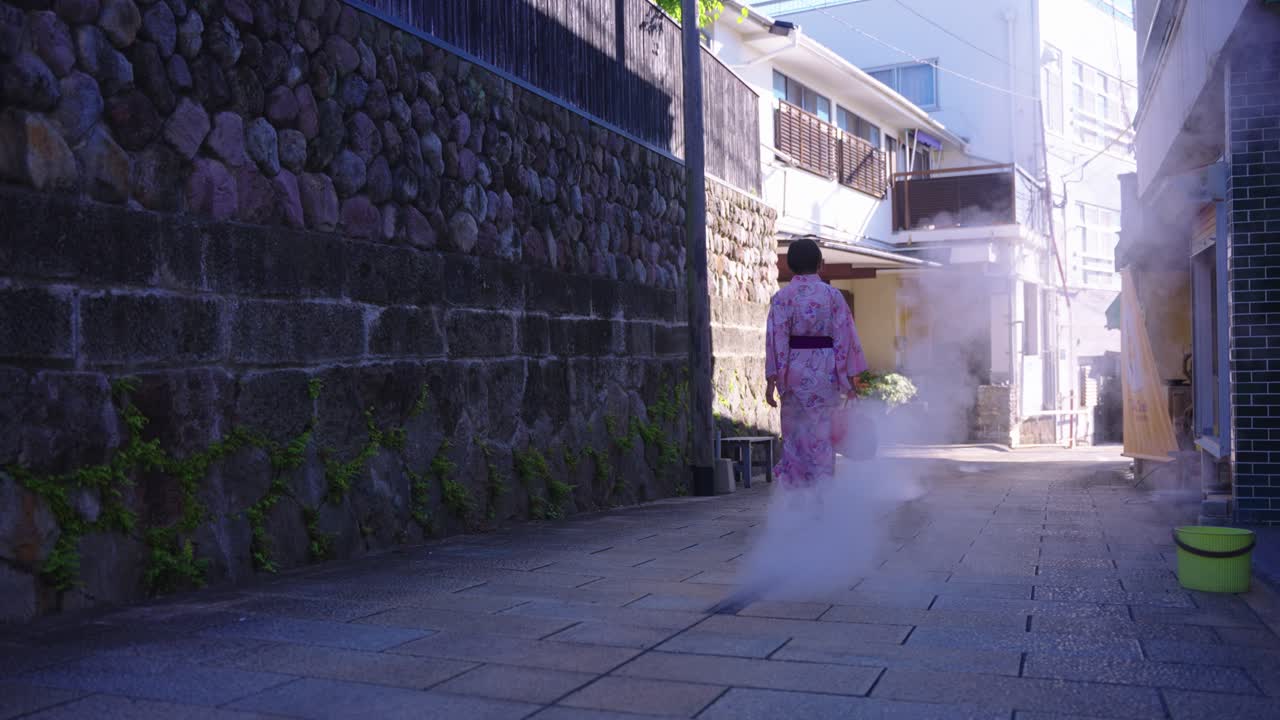 Onsen Town, Beppu, Geothermal Steam Rises from Road as Girl in Yukata Walks Away