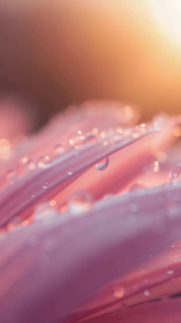 Video verticale: camera che scorre rivelando dettagli incrementali su un petalo rosa in giardino, con gocce di rugiada