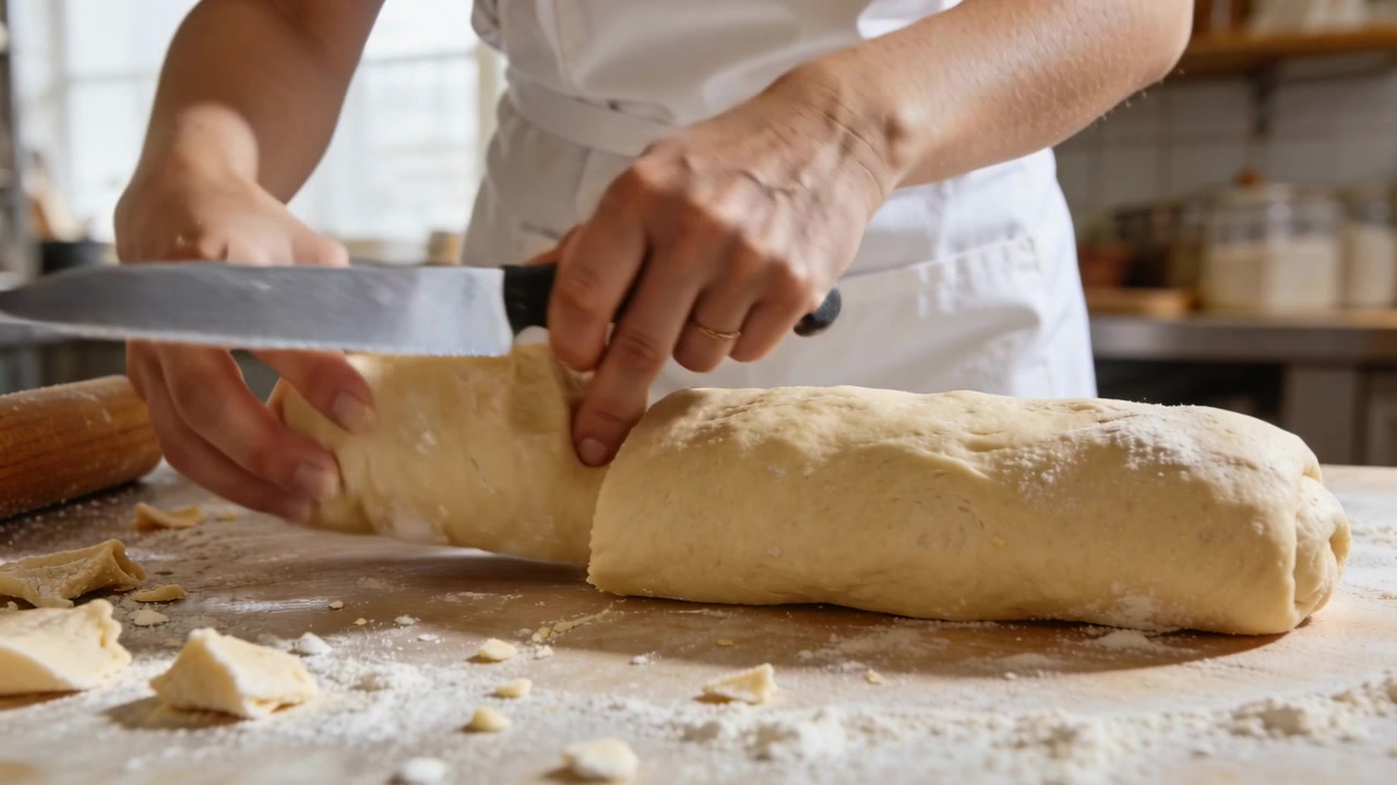Slicing cook in white apron steadying dough on kitchen counter as camera frames, cutting for baking