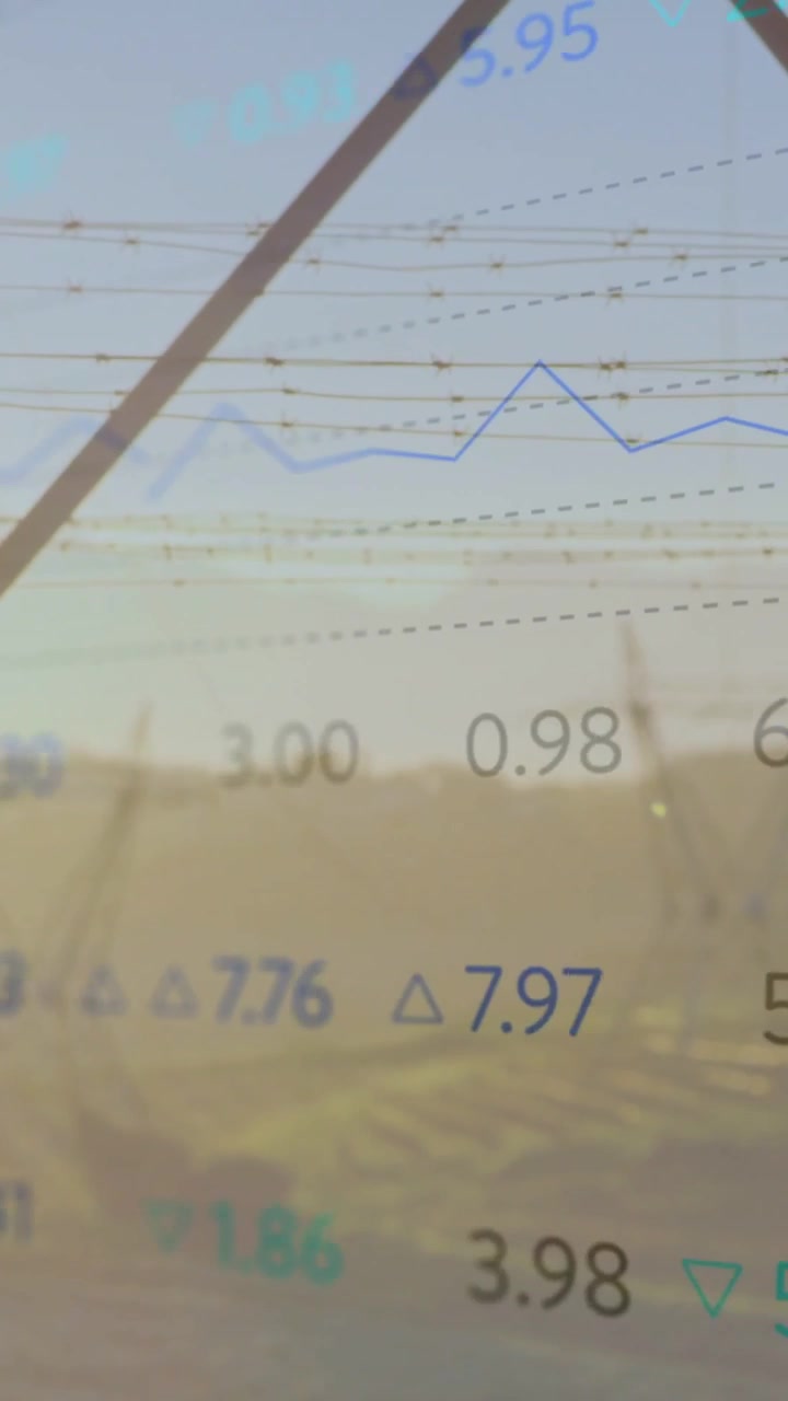 Vertical video: Numbers glowing, starting graphs over pylon blue line climbing showing power trends