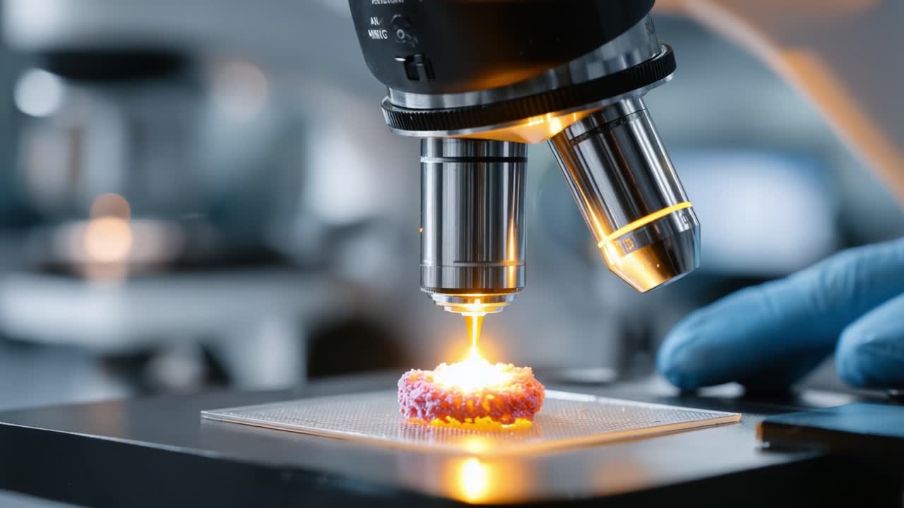 Close-Up Examination Under Microscope of Colorful Sample with Sparkling Details Illustrating Cutting-Edge Scientific Research in Laboratory Settings