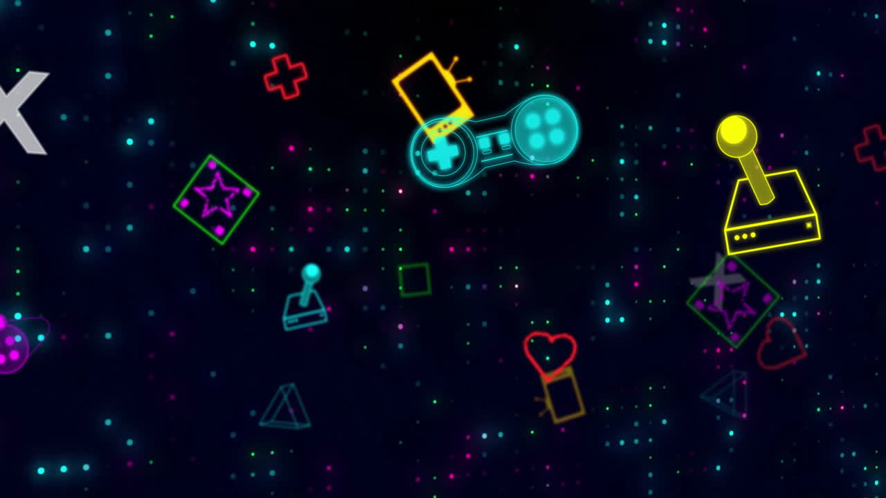 검은색 배경에서 움직이는 네온 비디오 게임 아이템의 애니메이션