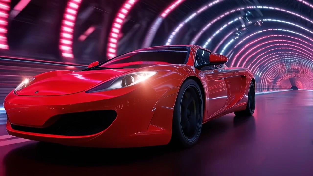 Auto sportiva rossa che attraversa un tunnel futuristico al neon