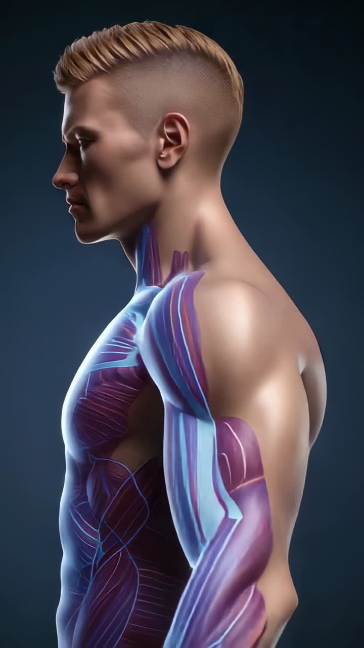 Video vertical: Panorámica de cámara que muestra un modelo CGI con el torso descubierto girando en un estudio para un estudio músculo-espinal.