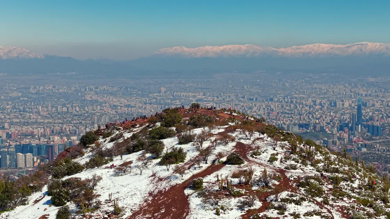 View of Santiago, Chile from a snow-covered mountain top