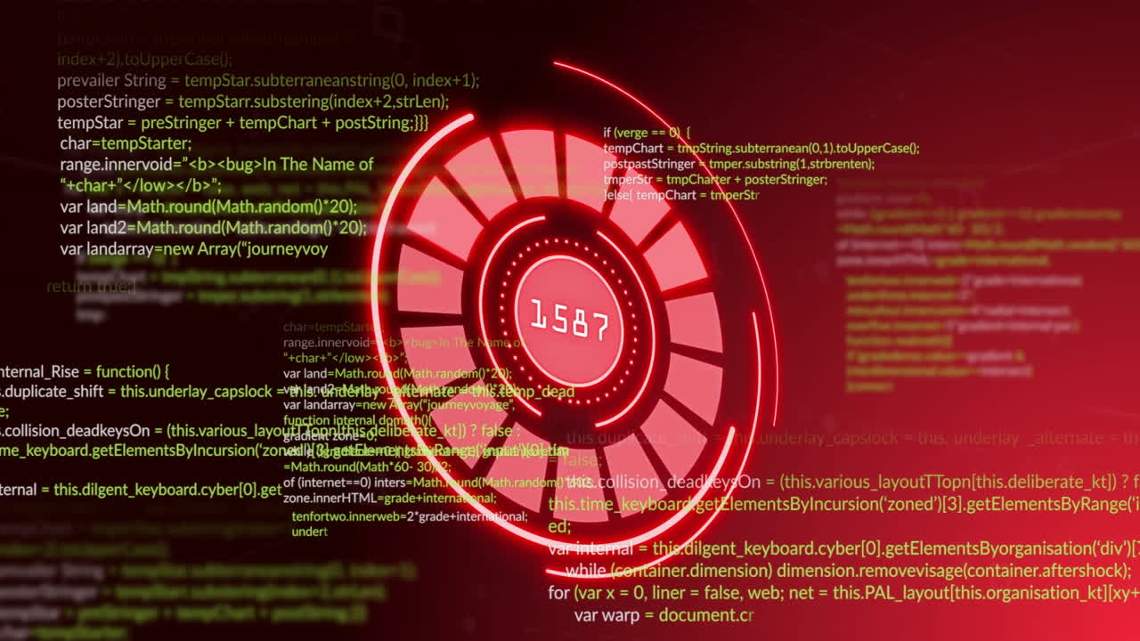 Circular digital interface with numbers and code animation over red background