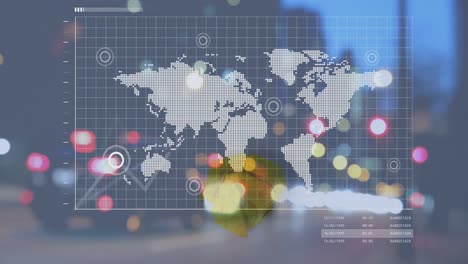 animación de gráfico y mapa del mundo sobre el tráfico vial borroso