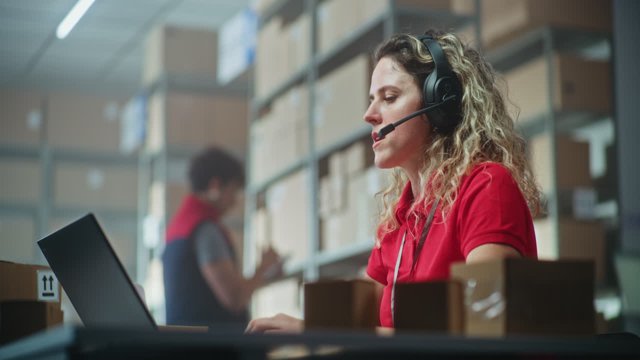 empleado del almacén que utiliza portátil y auriculares