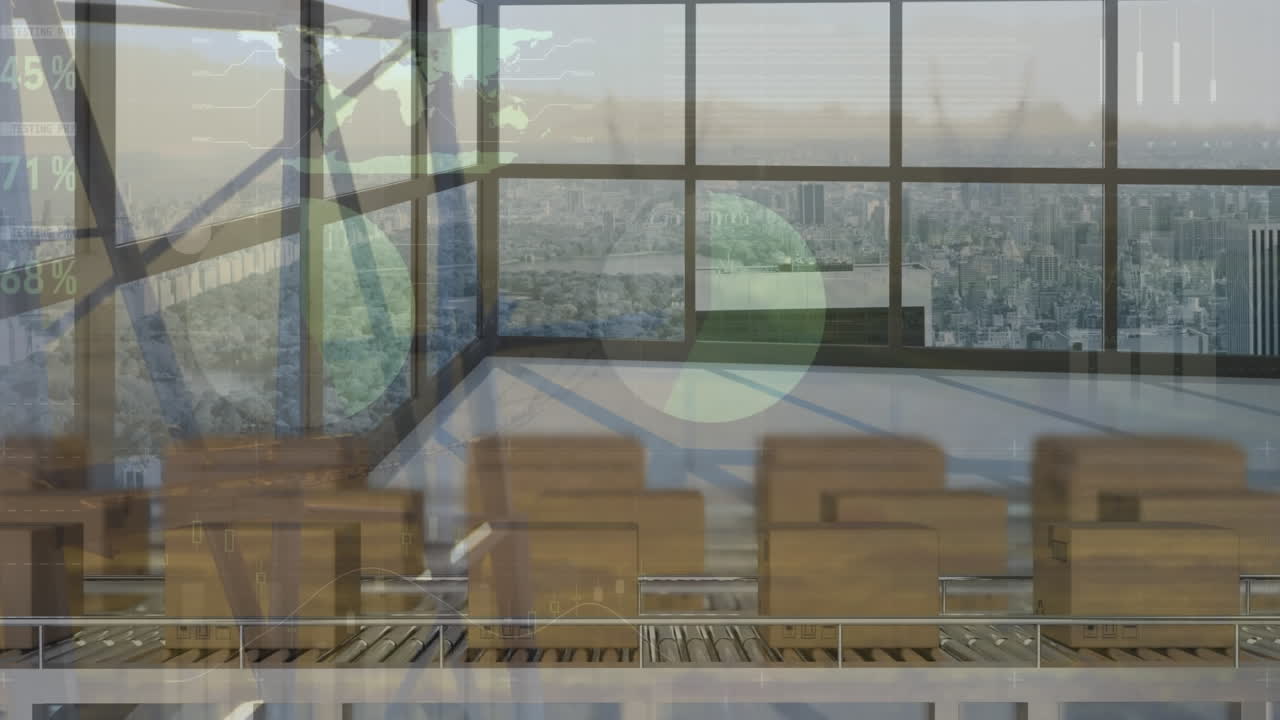 컨베이어 벨트와 도시 풍경에 있는 카드보드 상자 위의 통계 처리의 애니메이션