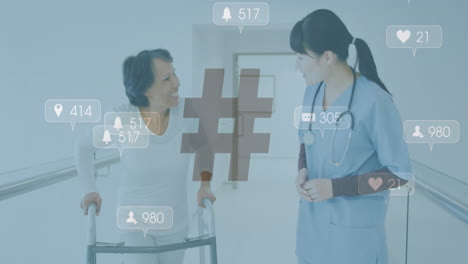 animation of social media icons over asian female doctor with patient in hospital