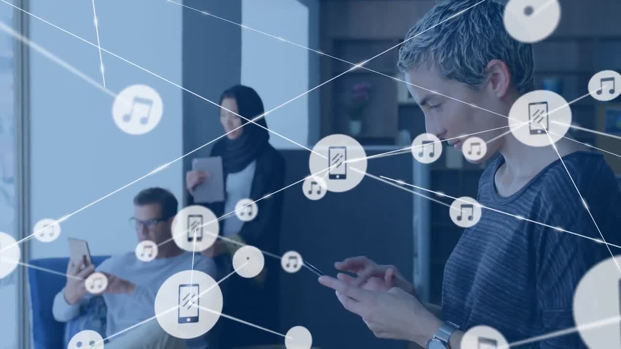 Animation of network of connections with icons over diverse business people using technology