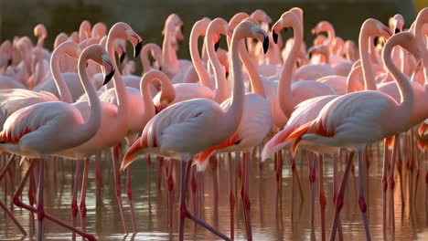 flock of flamingos in a wetland at sunset