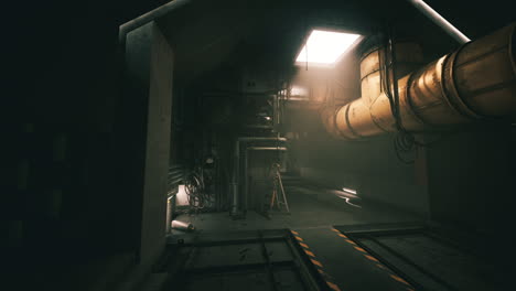 dramatic lighting in a dark industrial space highlights pipes