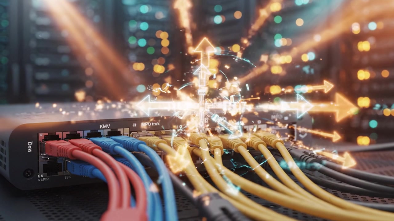 Dynamic Network Connections with Cables in a Data Center Displaying Data Flow Indicators and Bright Server Lights with Advanced Technology Visuals