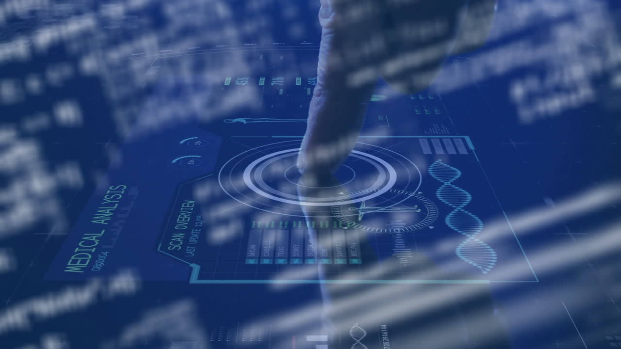 Animation of futuristic medical interface with DNA strands and data in school