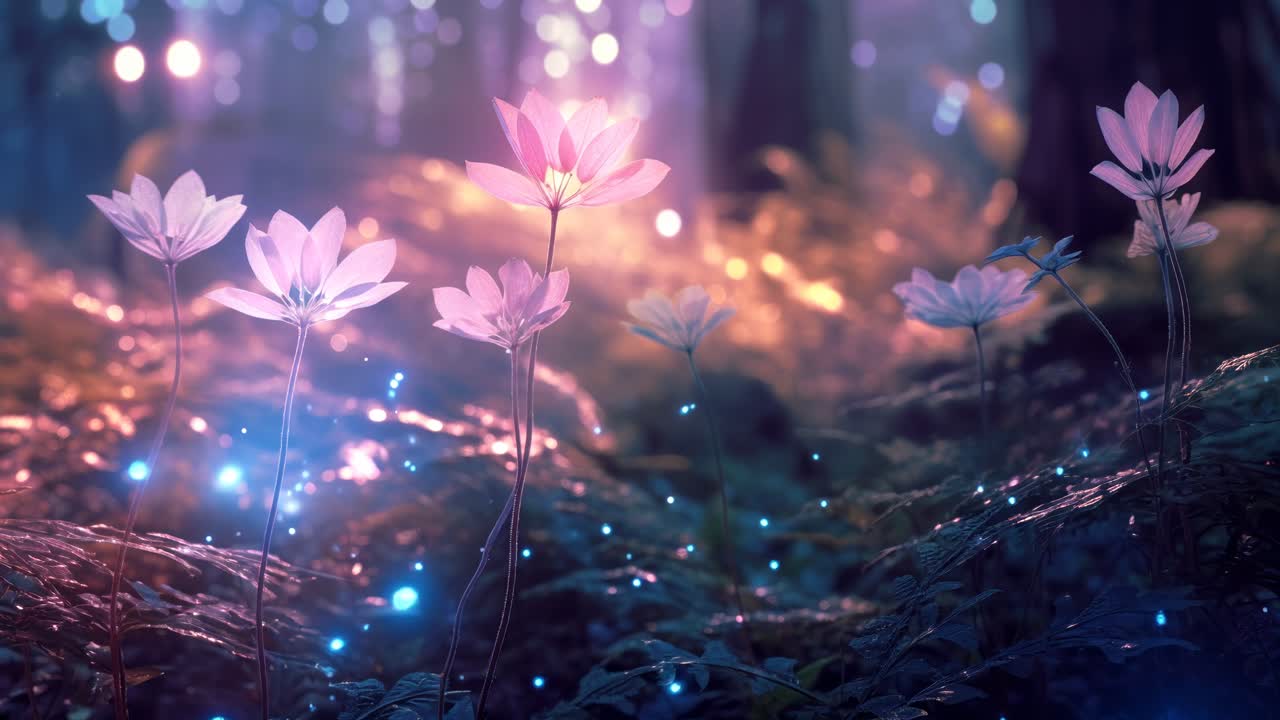 Magical forest scene with glowing flowers and floating lights, captured from a low-angle