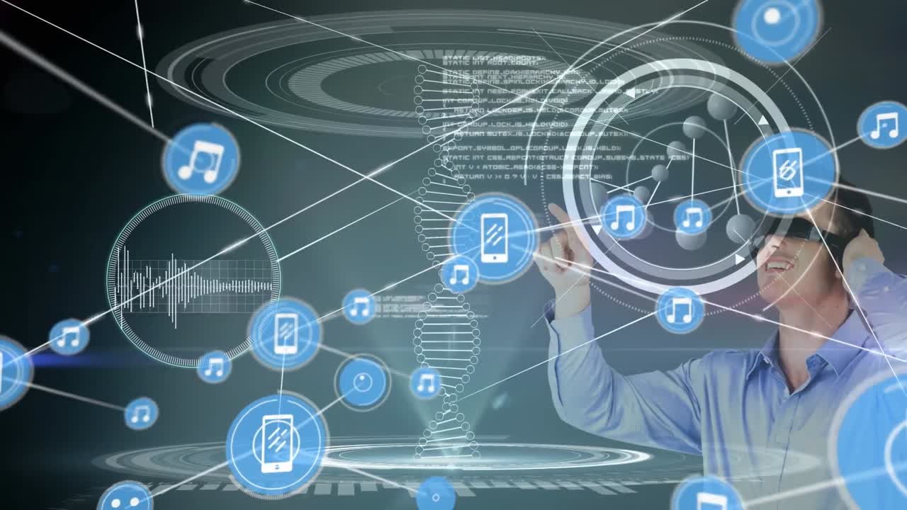 연결 네트워크의 애니메이션, dna 및 데이터 처리 사업가 vr 헤드 ⁇ 을 착용