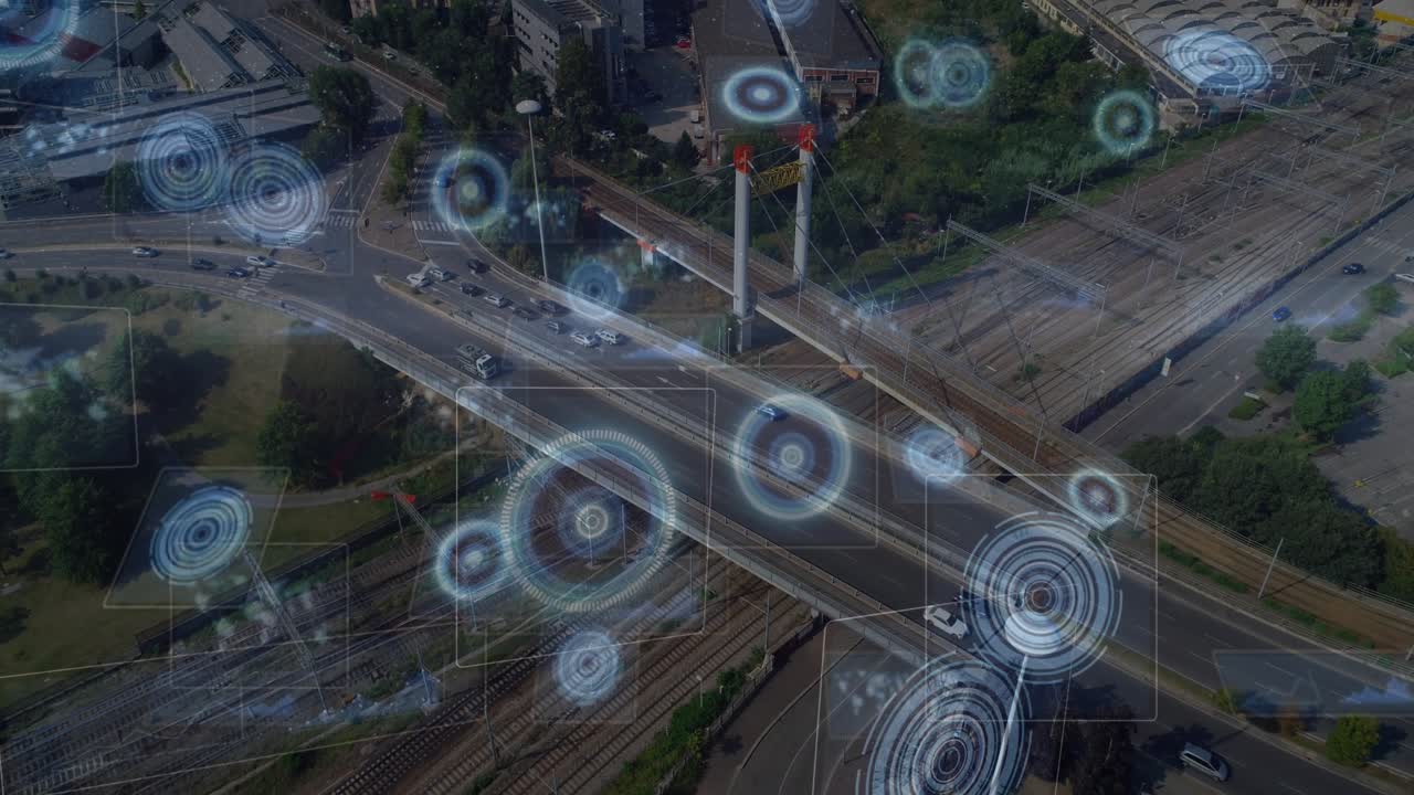 Animation of network of connections with icons over cityscape