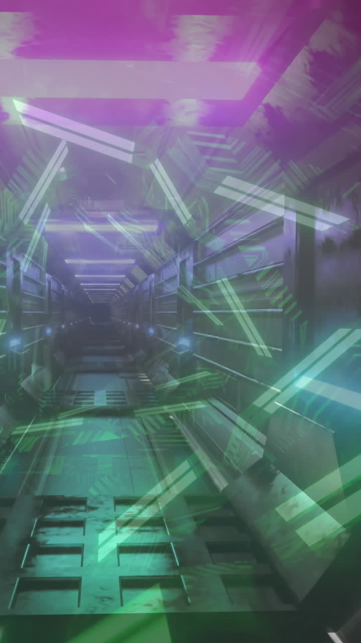 animación de triángulos de neón en movimiento sobre el túnel digital