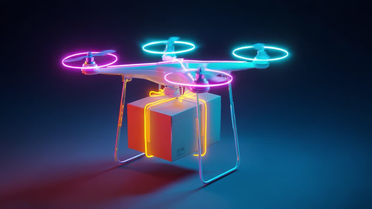A vividly illuminated drone with vibrant neon lights delivering a package, showcasing advanced technology and modern design in an eye-catching display against a dark background