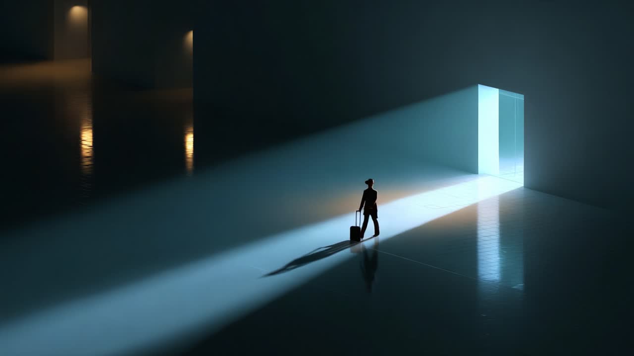 A solitary figure stands at the threshold of a bright doorway, illuminated by beams of light cutting through the shadowy space, evoking themes of journey, discovery, and the choices that shape our path forward