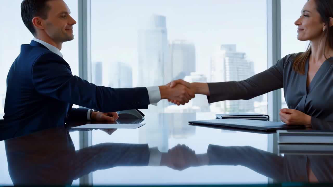 Executives Shake Hands Across Glass Table, Bright City Skyline Backdrop, Formal Suits In Conference Room,