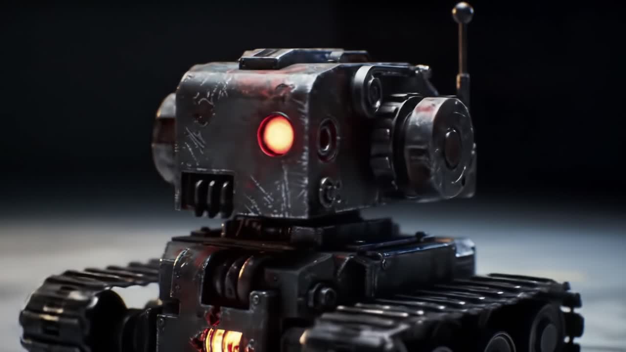 A Dystopian Robot with Rusty Metal Shell and Red Light Emitting from Its Core, Captured in a Futuristic Setting Highlighting Its Unique Design and Mechanical Features