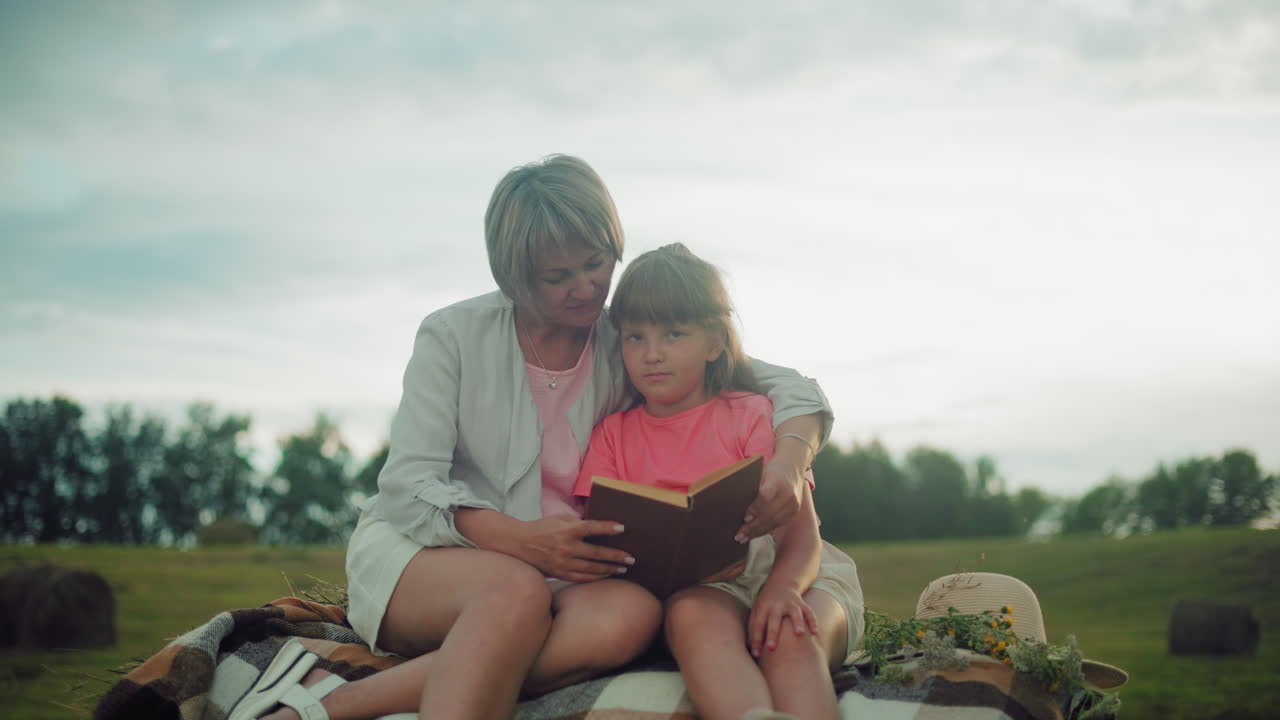 mujer de mediana edad y niña de top rosa leen juntos en una pala de heno, la mujer abraza a la niña estrechamente con un sombrero de paja cerca, en un vasto campo abierto
