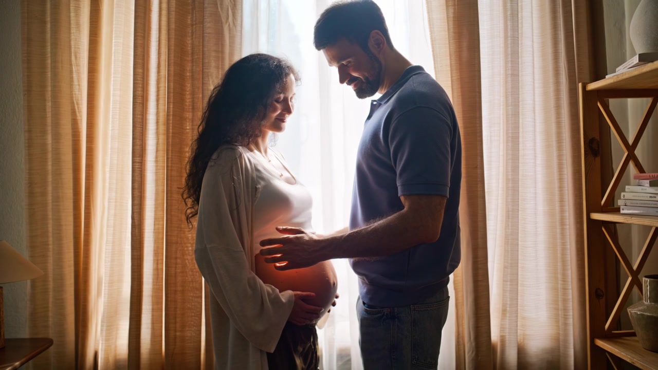 Pregnant couple embracing home window. Husband touching wife belly awaiting