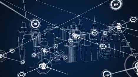 Animation-of-network-of-connections-over-metaverse-cityscape-on-navy-background