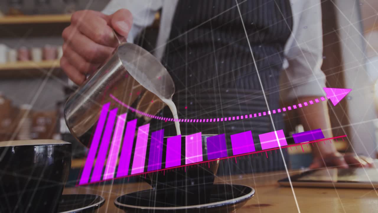 Barista positioning pitcher spout over cup rim pouring milk as bars rising showing sales growth