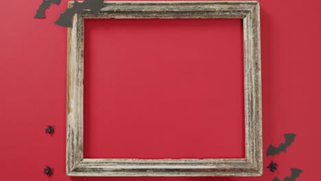 video of frame with copy space, halloween decorations on red background