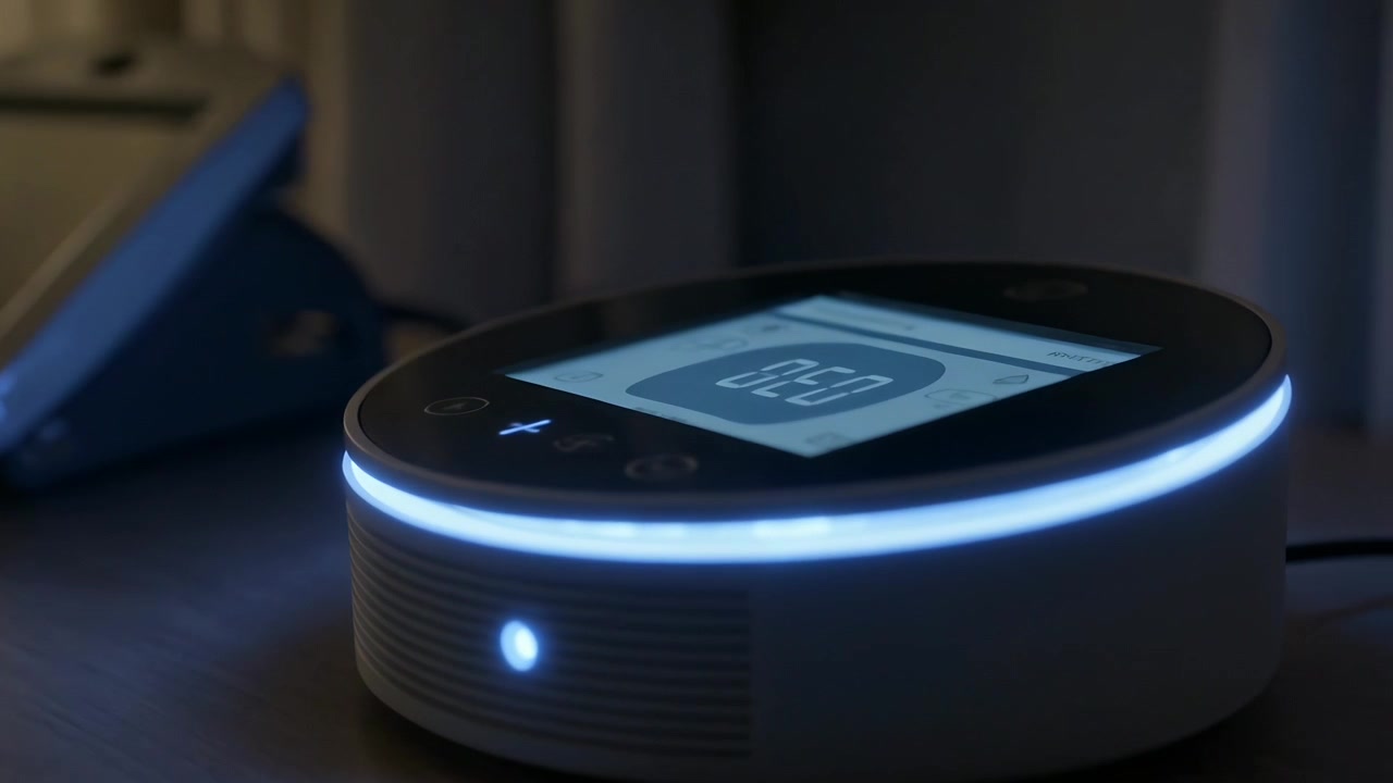 Blue LED ring causing camera moving on smart speaker bedside, revealing plus control and phone left