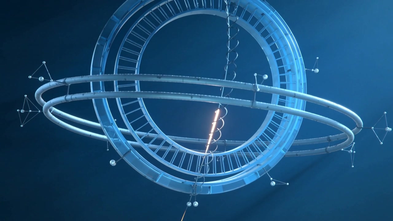 Assemblaggio blu rotante in studio che mostra un bagliore che sale e si trasforma in scintilla lungo un'elica, illuminando segmenti ad anello.