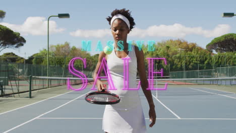 female athlete bouncing tennis ball on racket on court, showing neon sale text for marketing