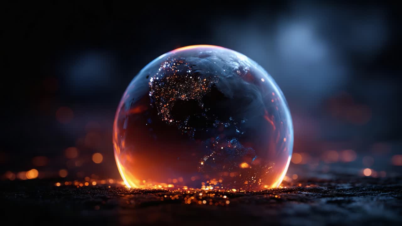 Uma representação visual impressionante da Terra encapsulada em um globo brilhante, irradiando energia vibrante em meio a um plano de fundo atmosférico escuro repleto de elementos dinâmicos