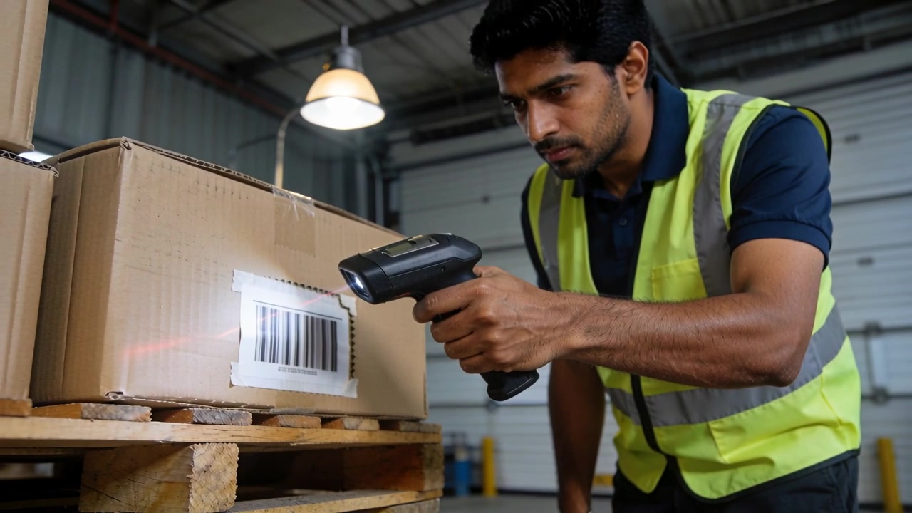 Raising scanner, Indian worker in hi vis scanning barcodes across pallet at dock, verifying orders