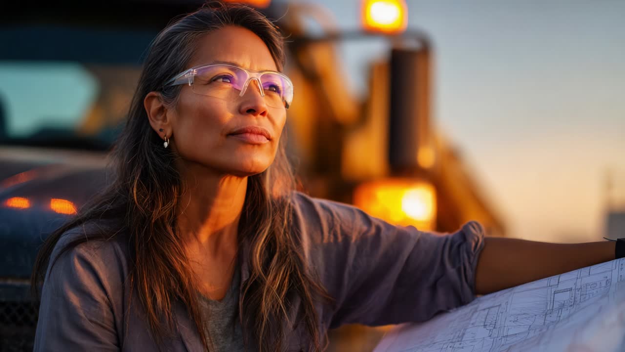 A determined professional, poised and contemplative, examines detailed blueprints while silhouetted against a golden sunset glow, showcasing the fusion of expertise in engineering and the beauty of construction