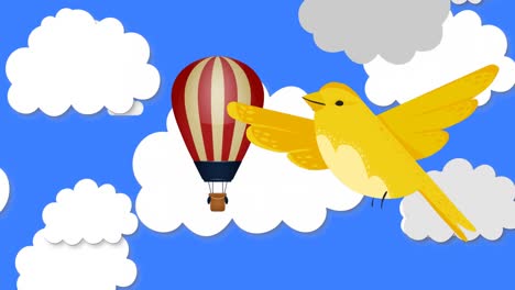 animation of bird with clouds and hot air balloon over grey background