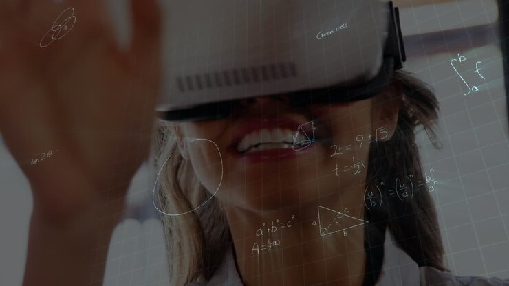 Animation of mathematical formulas over schoolgirl using vr headset