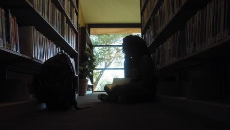 Pretty-Young-Black-Woman-Reads-on-floor-in-Library---Dolly-In