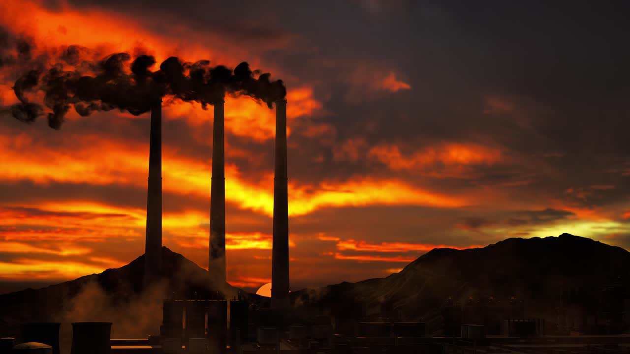 화학 공장의 연기 파이프, 대기 오염 개념, 환경 오염과 함께 산업 풍경, 일몰 시간