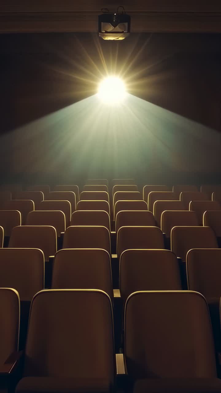 Video verticale: cono di luce pulsante proiettato su sedili marroni in un auditorium, che rivela la polvere