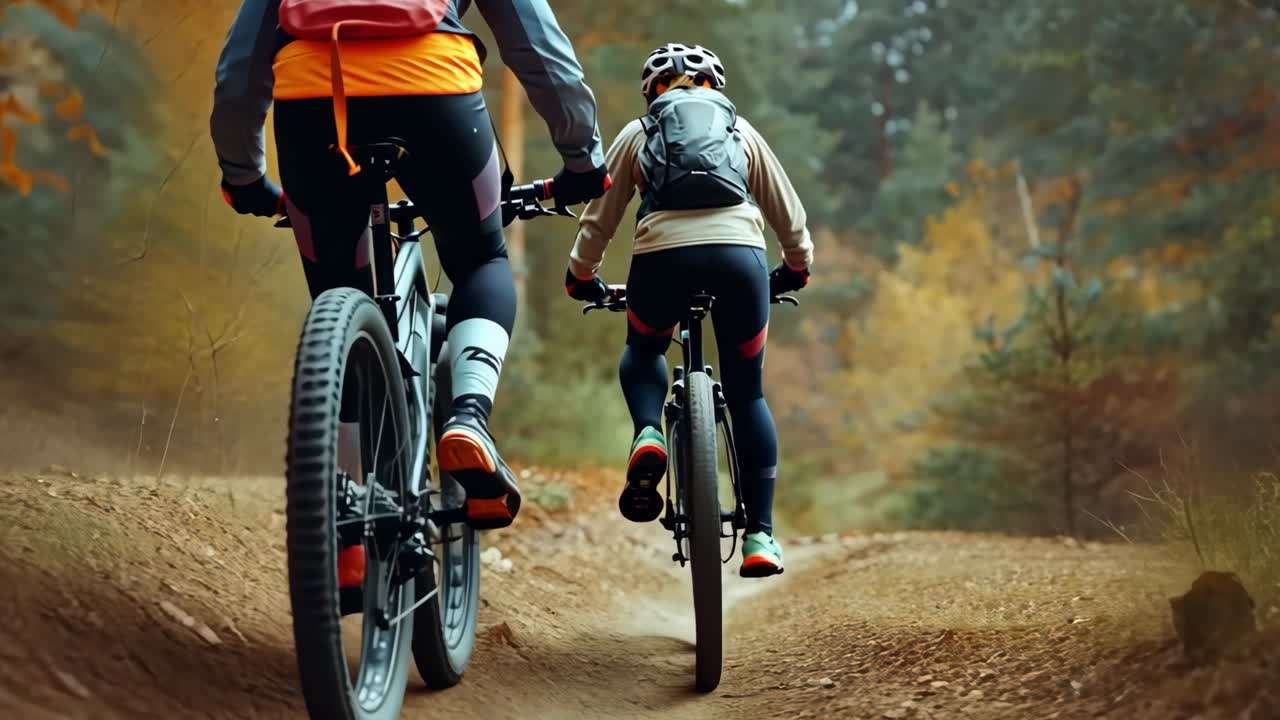 Low-angle video shot of two cyclists on a forest trail, showcasing autumn foliage