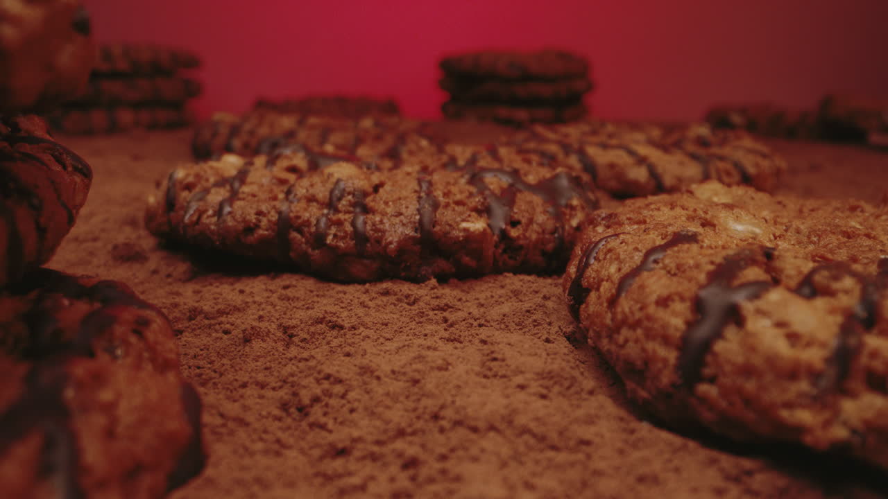 Close-up of Chocolate Chip Cookies on Cocoa Powder